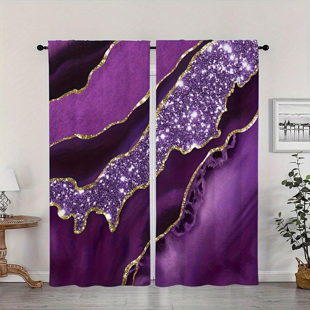 2er-Set dekorative Vorhänge mit Marmor-Muster in Lila und Multicolour, halbtransparent, B: 100 cm, H: 130 cm - Bild 1