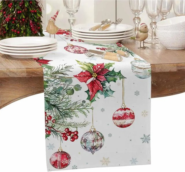VIKAMA Weihnachts-Tischläufer aus Leinen in Rot mit Schneeflockenmuster für deine festliche Winter-Dekoration, B/H: 90 x 33 cm - Bild 1