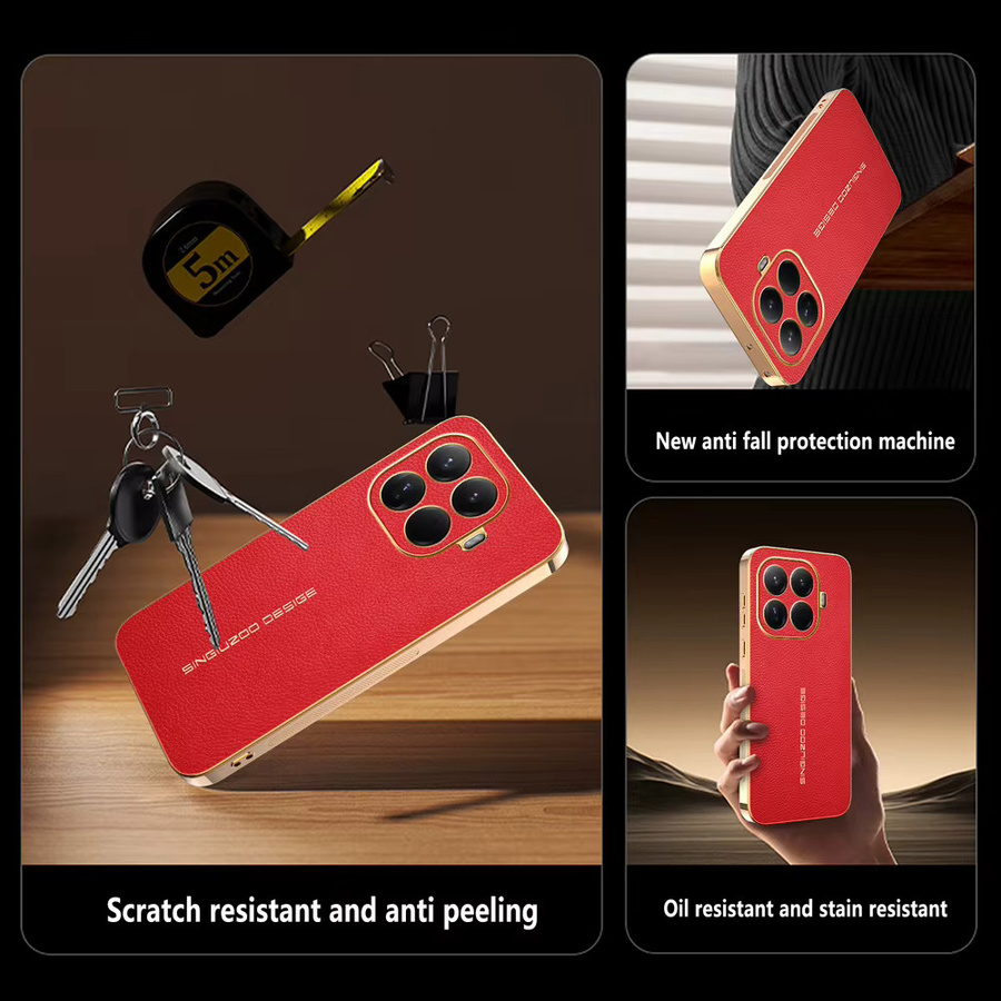 Luxuriöse Lychee-Leder-Hülle mit galvanisiertem Rahmen für Xiaomi 17T 15T 14T 13T 11T Pro 17 Pro Max 15 Ultra mit magnetischer kabelloser Ladefunktion in Rot - Bild 1