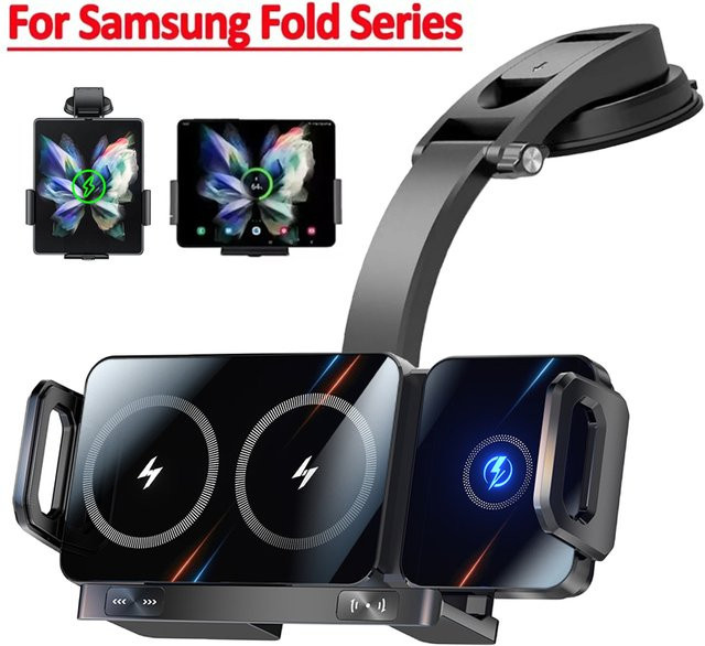 VIKEFON Wireless Car Charger Dual Coil Fold Screen Schnellladestation für Samsung Galaxy Z Fold 7 6 5 4 3 und iPhone 16 15 14 13 12 Pro Max in Schwarz - Bild 1
