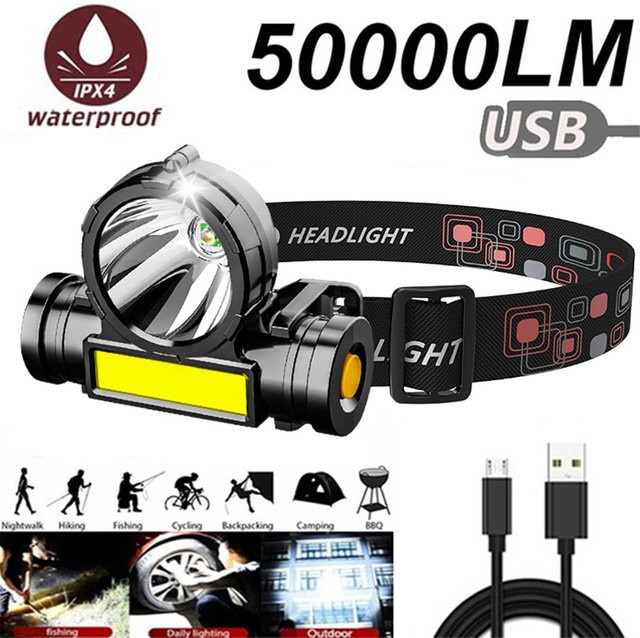Ligghig LED Stirnlampe COB wiederaufladbar, wasserdichte Kopflampe in Schwarz - Bild 1