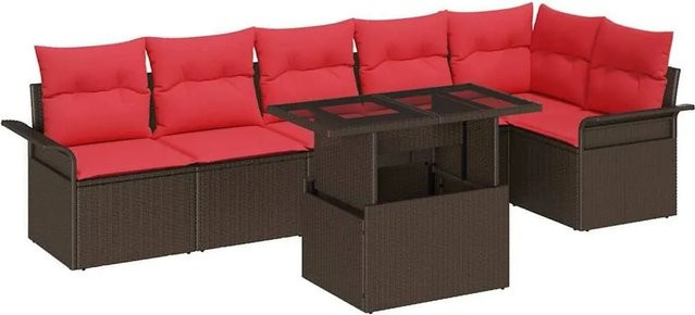 vidaXL Garten-Sofa-Set aus Polyrattan in L-Form mit 7 Teilen, inklusive Kissen und Couchtisch, Braun - Bild 1