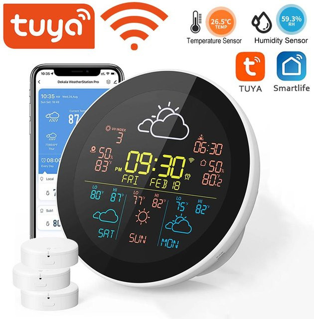 Tuya WiFi Intelligente Wetterstation mit 3-Tage-Wettervorhersage und 3 kabellosen Sensoren, Weiß/Bunt - Bild 1