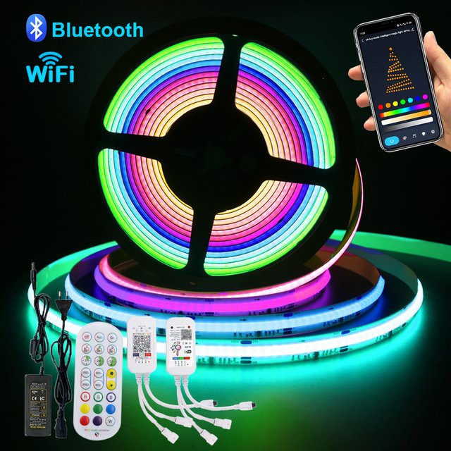 KISUFU WS2811 RGB COB LED Strip Light Set mit 720 LEDs, dimmbar, Multicolor, inklusive Fernbedienung, Netzteil und WLAN/Bluetooth-Steuerung, 12V 24V - Bild 1