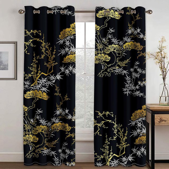Vintage Vorhangpaneele Gold mit chinesischem Tier- und Pflanzenmuster, 2er-Set mit Haken, halbtransparent, B: 50 cm, H: 130 cm - Bild 1