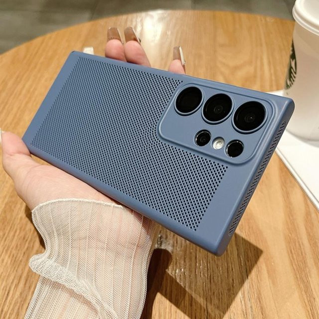 Atmungsaktive Mesh Handyhülle aus hartem PC für Samsung Galaxy S23 S22 S21 S20 Note 10 Plus Ultra FE in Blau - Bild 1