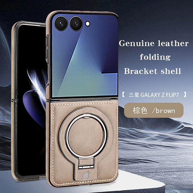 Magnetische Leder Klapphülle für Samsung Galaxy Z Flip 7 6 5 4 3 mit Ringhalterung und kabellosem Laden in Braun - Bild 1
