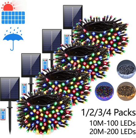 CHNAITEKE Solar Outdoor Lichterkette mit Fernbedienung, Dimmbare Solar-Gartenbeleuchtung für Rasen, Treppen und Weihnachtsbaum, Schwarz, Mehrfarbig