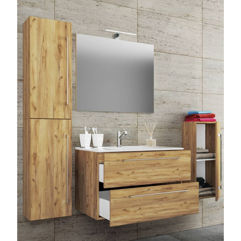 VCM Badmöbel Set Badinos 5-tlg. in Weiß und Eiche Honig mit Keramik Waschbecken, Spiegel, Midischrank und Hochschrank, B/H/T: 81 x 150 x 46 cm - Bild 3