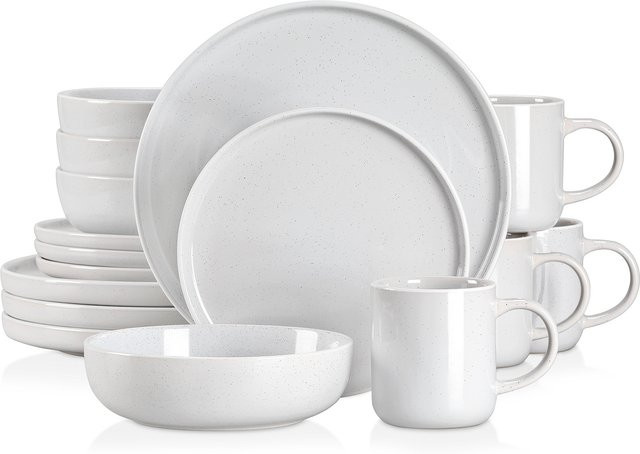 Vancasso Steinzeug-Geschirrset in Hellgrau mit Sesam-Glasur, 16-teiliges Keramik-Dinner-Set bestehend aus Tellern, Suppenschüsseln und Bechern - Bild 1
