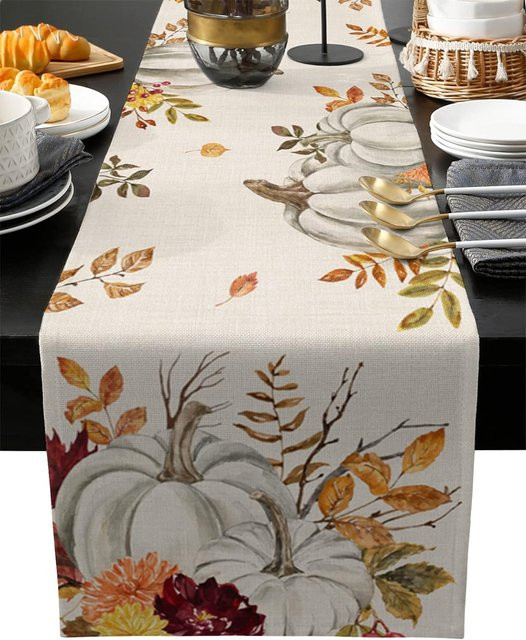 JMG Household Supplies Leinen Tischläufer Herbst Erntedank mit Kürbissen und Ahornblättern, Farbe: Weiß, B/H: 33 x 150 cm - Bild 1