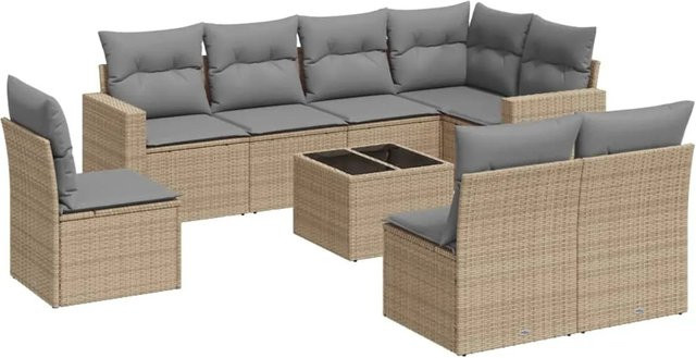 vidaXL 9-tlg. Garten-Sofagarnitur in L-Form mit Kissen und Couchtisch, Beige/Grau, Poly-Rattan mit Metallgestell - Bild 1