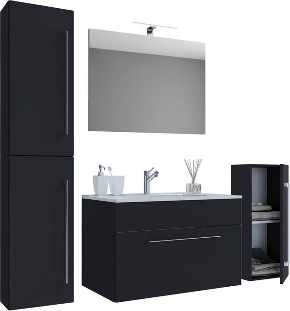 VCM Badmöbel-Set Badinos in Schwarz Matt mit Waschtisch, Hochschrank und Spiegelschrank, B/H/T: 80 x 153 x 46 cm - Bild 2