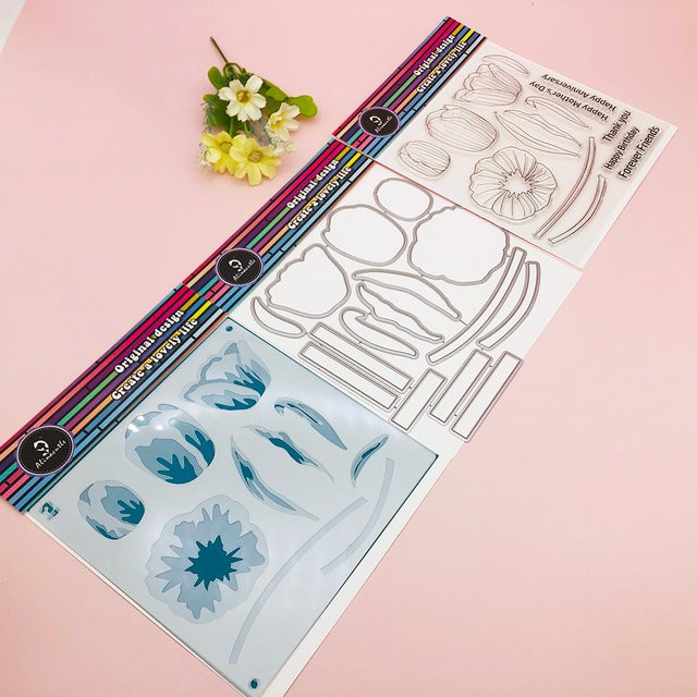 Alinacutle Schneidewerkzeug Set aus Metall und transparenten Stempeln mit Tulpen-Motiv für Scrapbooking und Handwerk - Bild 1