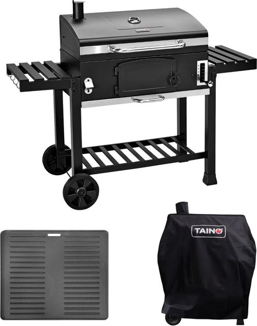 Taino Hero XXL Smoker Set Holzkohlegrill in Schwarz mit Grillplatte aus Gusseisen und Haube - Bild 1