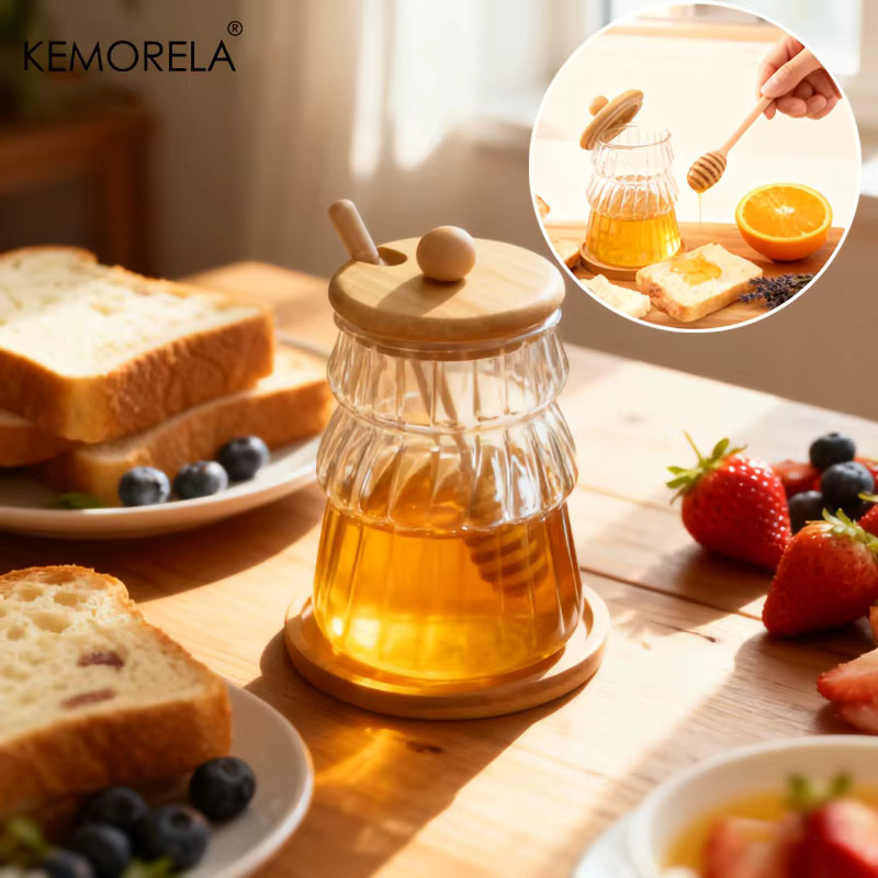 KEMORELA Honigglas-Set aus Glas mit Holzrührstab und Deckel, transparent - Bild 3