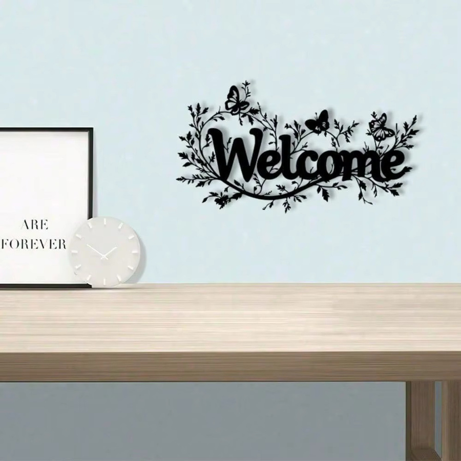CIFBUY Willkommensschild aus Metall mit floralem Design in Schwarz als moderne Wandkunst - Bild 3