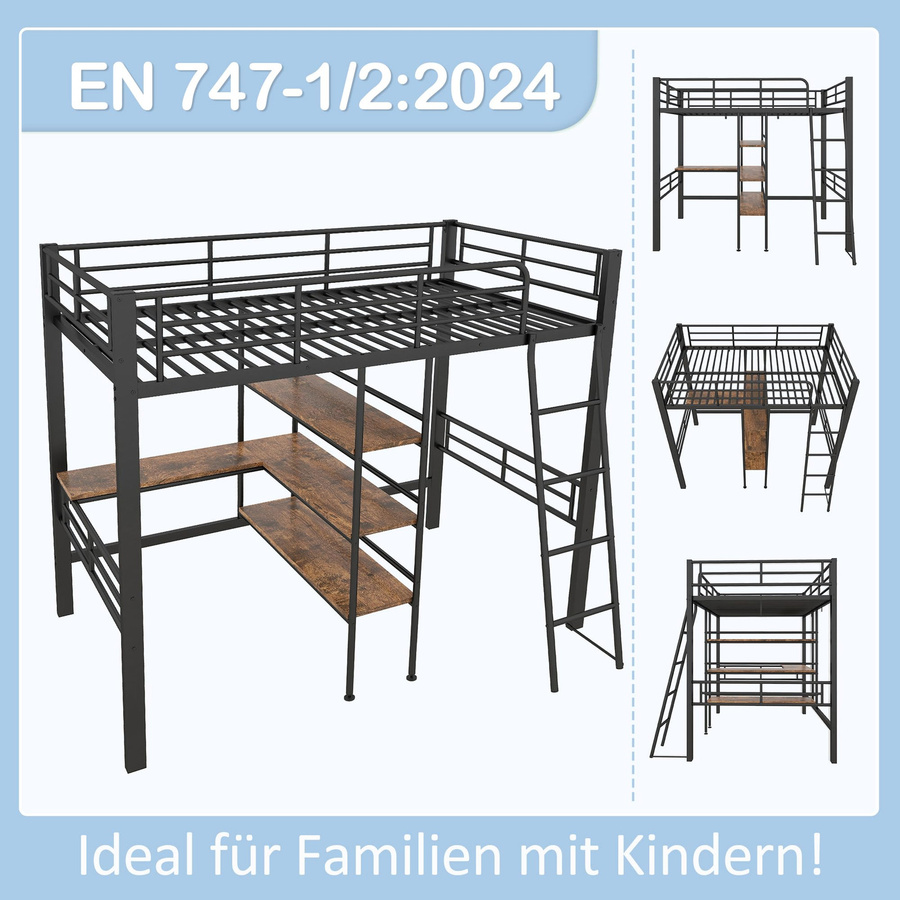 Flieks Funktionsbett Hochbett mit Schreibtisch und 3 Regalen in Weiß, B/T/H: 90 x 200 cm - Bild 4