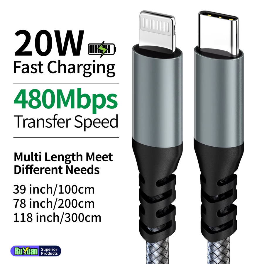 LAIHONEN MFi-zertifiziertes USB-C auf Lightning Schnellladekabel 20W, grau, Nylon-umflochten für iOS Geräte - Bild 5