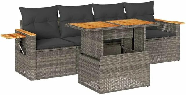 vidaXL 5-tlg. Garten-Sofagarnitur in L-Form mit Tisch, Grau, PE-Rattan und Akazienholz mit Kissen und Stauraum - Bild 1