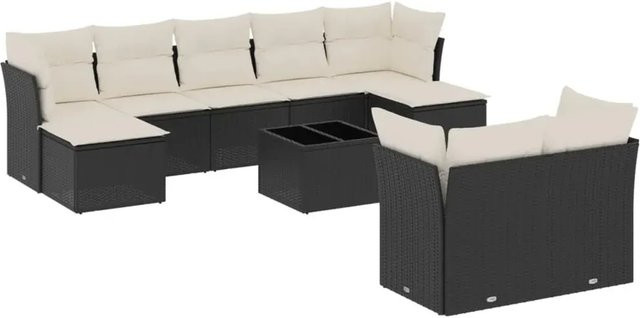 vidaXL 10-tlg. Garten-Sofagarnitur in L-Form mit Kissen und Couchtisch, Schwarz, Poly-Rattan und Metall - Bild 1