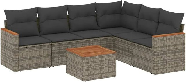 vidaXL 7-teilige Garten-Sofagarnitur in L-Form aus grauem Poly-Rattan mit Kissen und pulverbeschichtetem Stahlgestell - Bild 1