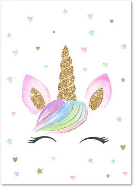 TPFLiving Poster Leinwand Modell C mit Einhorn, Regenbogen, Sternen und Herzen für das Kinderzimmer, Multicolor, Breite: 15 cm, Höhe: 20 cm - Bild 1