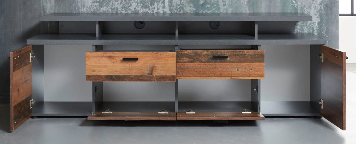 TV-Lowboard Noxa von TOP.FURN in Used Wood Altholz und Grau, Breite: 180 cm, Tiefe: 66 cm, Höhe: 47 cm - Bild 4