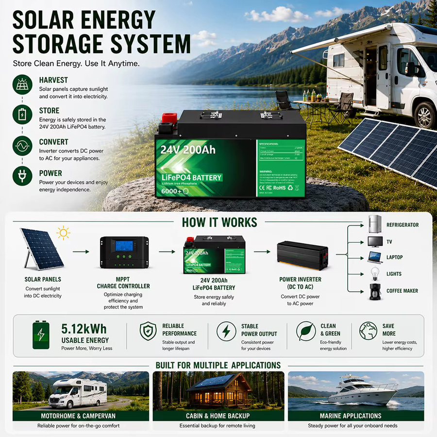 PAPOOL LiFePO4 Batterie 24V 200Ah 5,12 kWh mit Bluetooth Smart BMS in Schwarz für Wohnmobile, Solaranlagen, Marine und Off-Grid-Energiespeicher - Bild 3