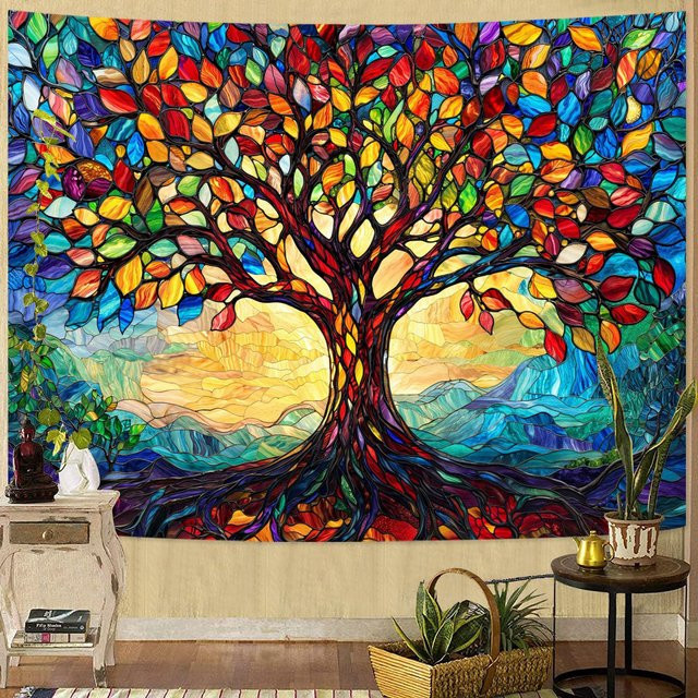 Boho Baum des Lebens Wandteppich mit Sonnenblumen und Mandala-Motiv von JMG Household Supplies, Mehrfarbig, Breite: 70 cm, Höhe: 100 cm - Bild 1