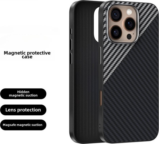 Magnetische Carbonfaser-Leder-Schutzhülle von Yiran Bag für iPhone 16, 15 Plus, 14, 13 Pro Max und 15 Pro Max in Schwarz - Bild 1
