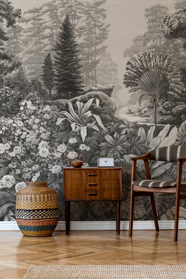 Isidore Leroy Mural Firone Grisaille Wandtattoo Floral in Grau aus Vlies - Bild 1