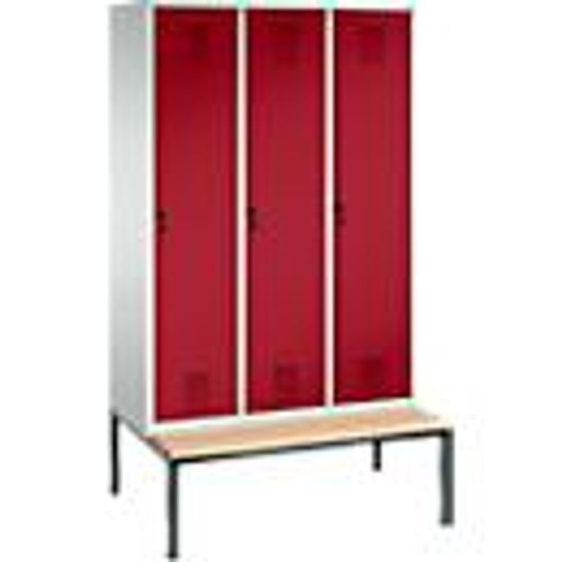 Kleiderspind C + P Evolo S 3000 aus Stahl mit integrierter Sitzbank, 3 Abteile, Sicherheitsdrehriegelverschluss, lichtgrau/rubinrot - Bild 3