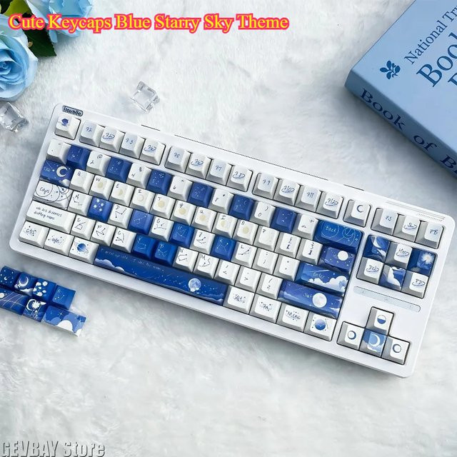 MeRealer Tastenkappen mit blauem Sternenhimmel-Thema, PBT-Material im Kirschprofil, 120 Tasten für Made68 Mad68, Farbe: Blau - Bild 1