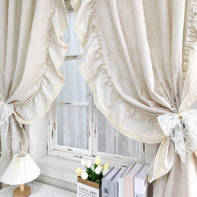 WPKIRA Vintage Rüschen Vorhang mit Spitze in Beige, semi-transparentes Leinen-Design im Shabby Chic für Wohnzimmer und Balkon - Bild 1