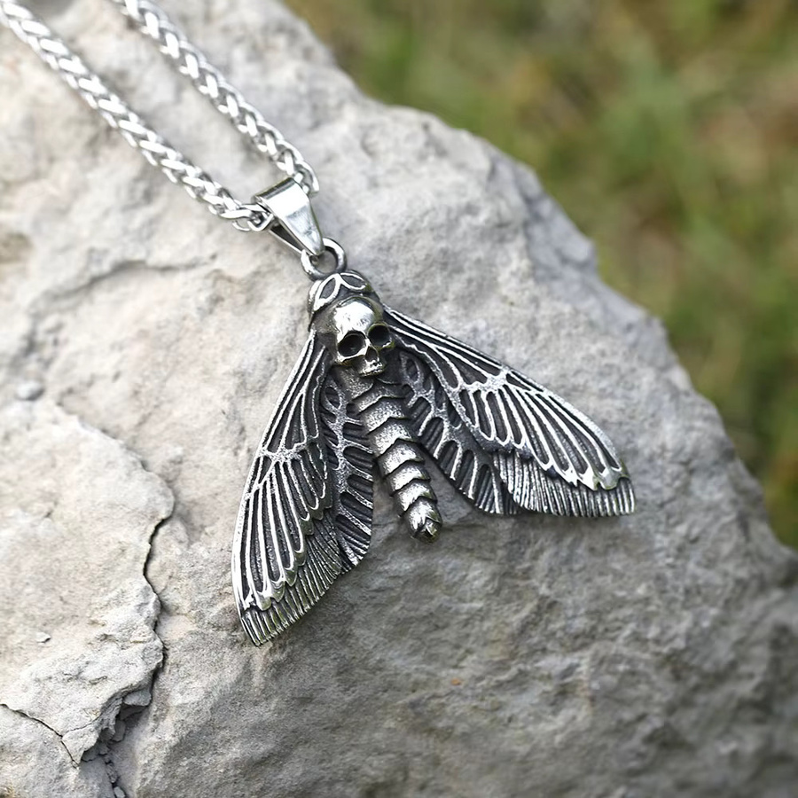 Halskette Edelstahl, Totenkopf, Schmetterling, Motte, Herren, Silber - Bild 3