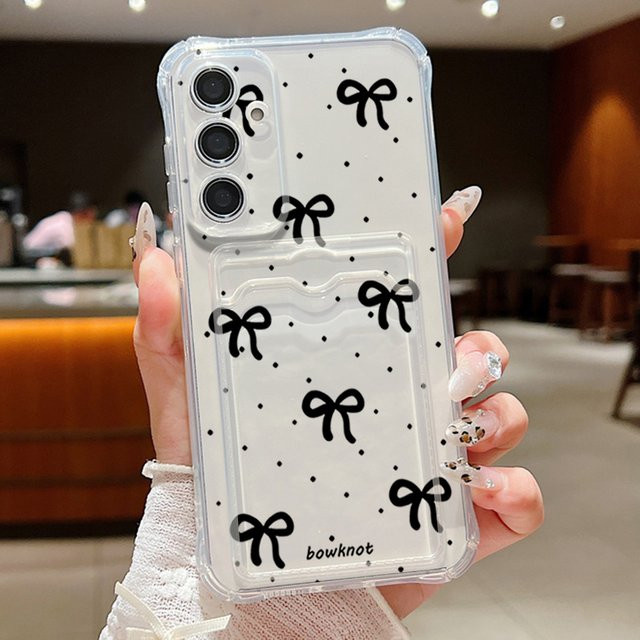 Transparente Handyhülle mit schwarzer Schleife als Kartenhülle und Brieftasche für Samsung Galaxy Modelle (A15 5G, A16, A17, A26, A37, A55, A56, A57, S23 Ultra, S25, S25 FE, S26) - Bild 1