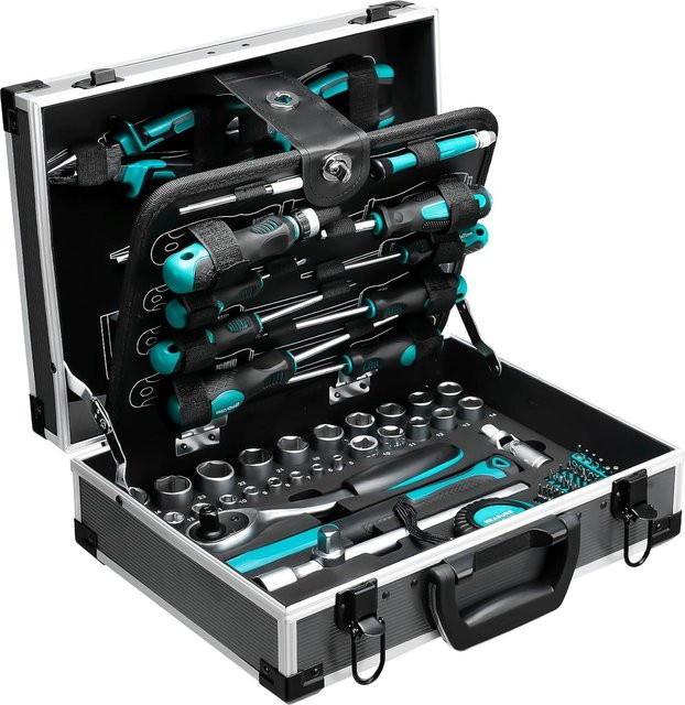 TLGREEN Aluminium-Werkzeugkasten in Silber mit 122-teiligem Profi-Werkzeugsatz für Autoreparatur und Werkstatt inklusive Schraubenschlüssel, Steckschlüsseln, Hammer und Zangen - Bild 1