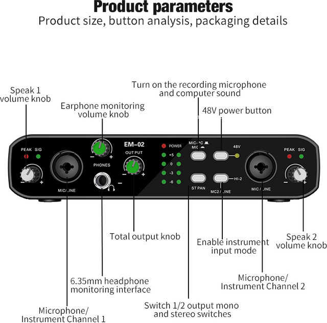 VBNM Audio-Schnittstelle mit Mikrofon in Schwarz, 48 V Vorverstärker, 32 Bit/384 kHz Audio-Auflösung für E-Gitarre und professionellen Studio-Gesang - Bild 1