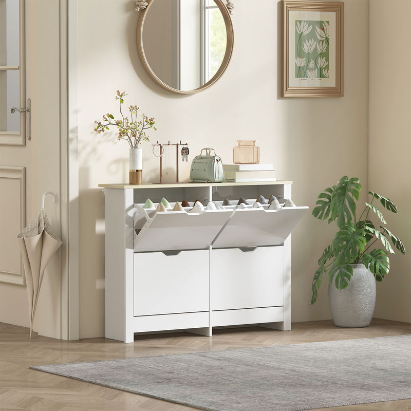 HOMCOM Schuhschrank mit 4 Klappen in Weiß und Natur, schmaler Schuhkipper für 16 Paar Schuhe, B/T/H: 105 x 26 x 80 cm - Bild 2