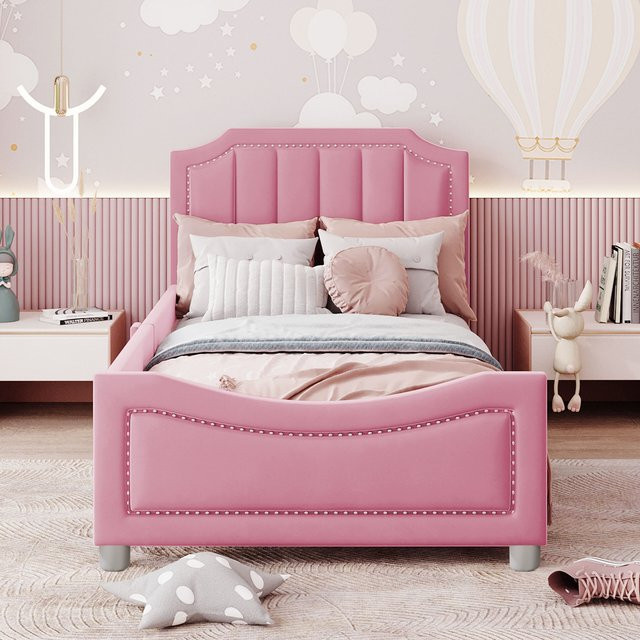 KOMHTOM Kinderpolsterbett Schlafsofa aus Flanell in Pink, Multifunktionales Weichbett mit Rückenlehne und Armlehnen, B/T: 90 x 200 cm - Bild 1