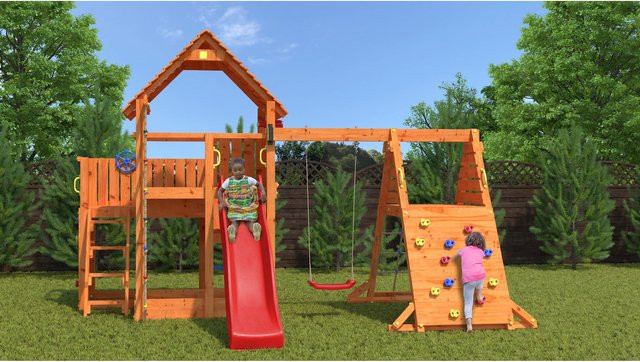 Fungoo Spielturm Big Leader Spider Red in Teak mit Einzelschaukel, Kletterturm, Rutsche und Sandkasten - Bild 3