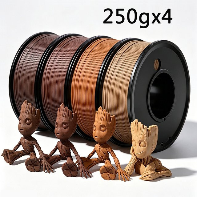 3D Maliang PLA Filament 1,75mm mit Holzmaserung-Textur für FDM 3D-Drucker, 4er-Pack à 250g in Teakholz, Weißeiche, Sandelholz und Kirschholz - Bild 1