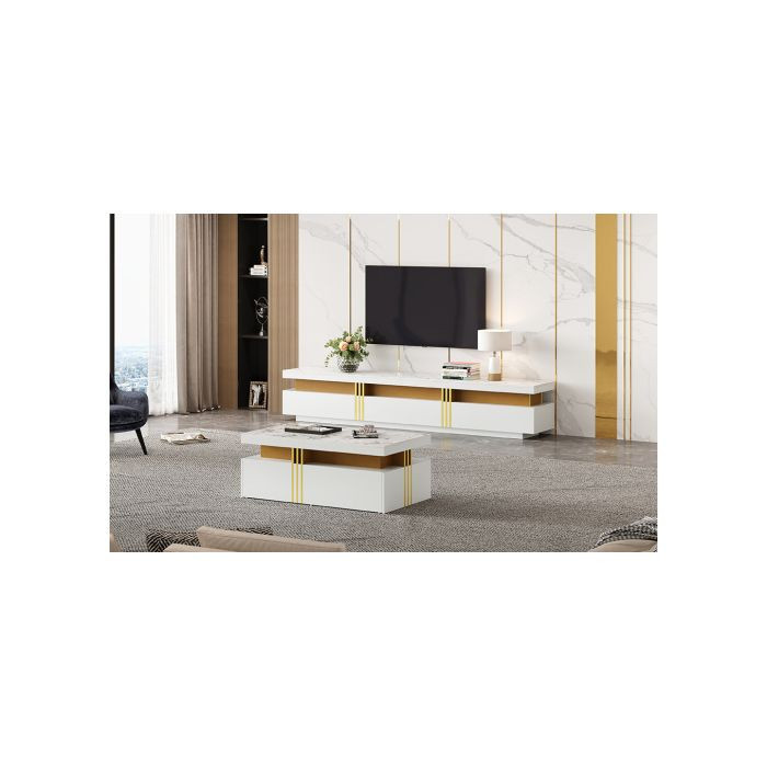 MUVOE Wohnzimmer Wandset in Weiß mit Marmoroptik und glänzender Oberfläche bestehend aus Wand-TV-Möbel und Couchtisch - Bild 2