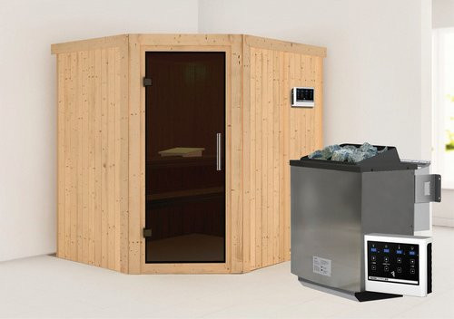 Karibu Sauna Maardu Bio-Kombi-Sauna für 3 Personen mit 9 kW Saunaofen und externer Steuerung, beige - Bild 1