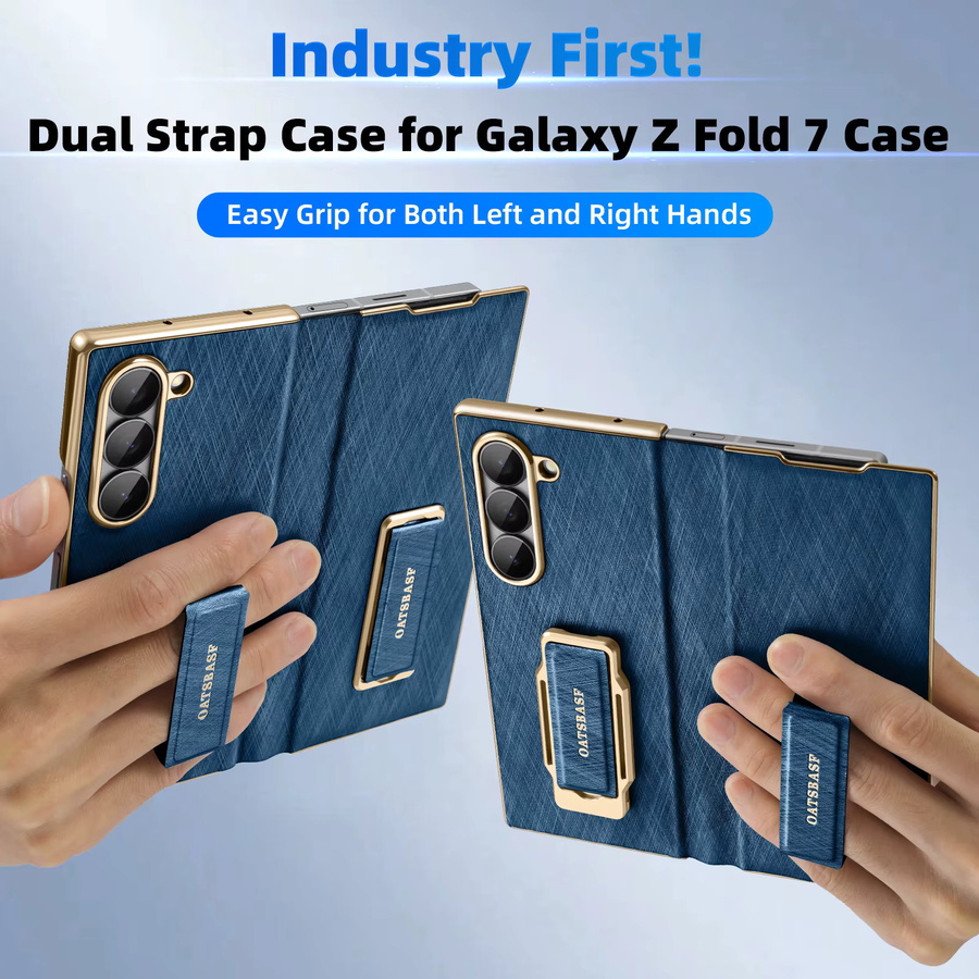 Oatsbasf Dual-Strap Leder-Handyhülle für Samsung Galaxy Fold 7 mit Trageriemen und 360 Grad Ständer in Schwarz oder Blau - Bild 4