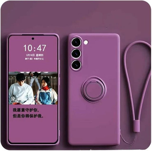 Flüssigsilikon Handyhülle für Samsung Galaxy A73 5G mit magnetischer Ringhalterung und Trageband in Purple - Bild 1