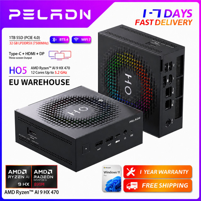 Peladn HO5 AI Mini-PC mit AMD Ryzen AI 9 HX 470, 32GB DDR5, 1TB SSD, Windows 11 Pro, Schwarz - Bild 1