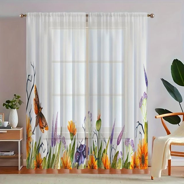 2er-Set halbtransparente Vorhänge mit Sonnenblumenmuster von Yiran Furniture in Weiß, Höhe: 160 cm, Breite: 100 cm - Bild 1