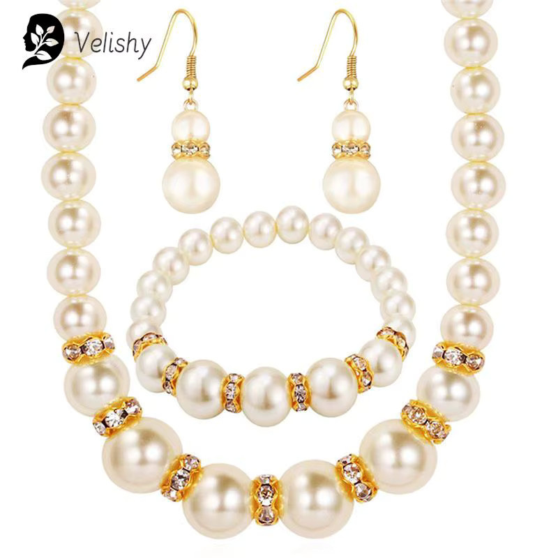 Velishy Schmuck-Set, Perlenkette, Ohrringe, Armband, Gold, Damen - Bild 4
